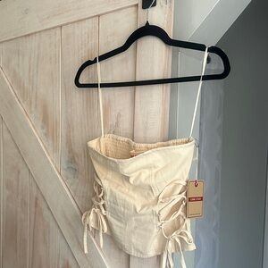 Beige Ruched Crop Top with Ties